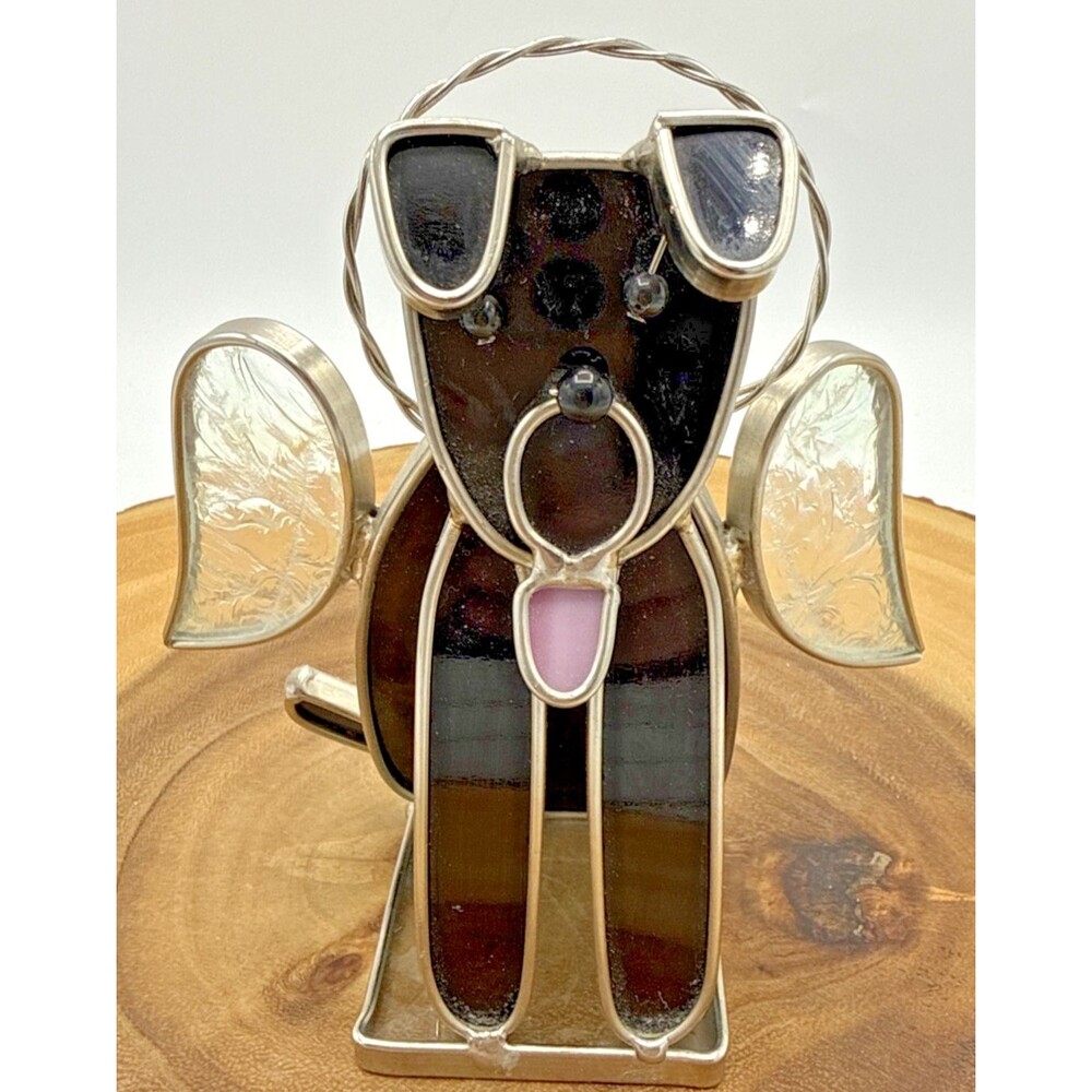 Vintage Stained Glass Angel Dog Figurine, Black, Pink & Clear Memorial 5” Tall
